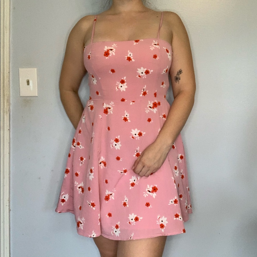 LULUS BLITHE PINK FLORAL SKATER SKIRT SUN DRESS